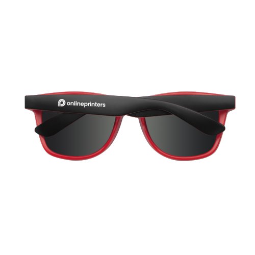 Gafas de sol rojas de plstico con lentes oscuras.