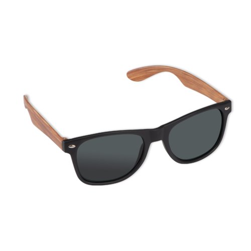 Gafas de sol beiges con lentes y montura oscuras.