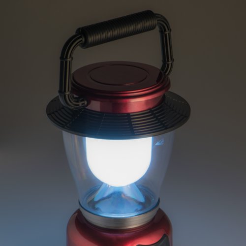 Linterna LED de camping roja con soporte y asa de transporte.