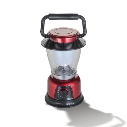Lmpara de camping LED roja con asa de transporte e interruptor giratorio.