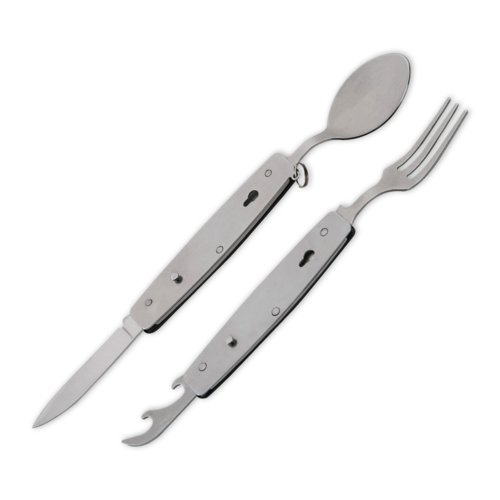 Cubiertos de camping de metal negro con cuchillo, tenedor, cuchara y abridor de botellas.