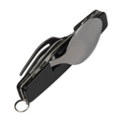 Cubiertos de camping negros de metal con cuchillo, tenedor y cuchara plegables.