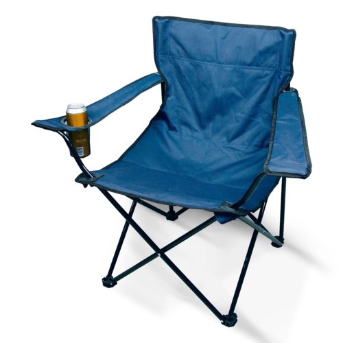 Silla plegable de tela azul con portavasos.