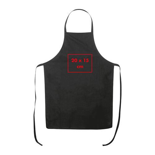 Delantal negro de algod�n con cinta para el cuello y lazos largos.