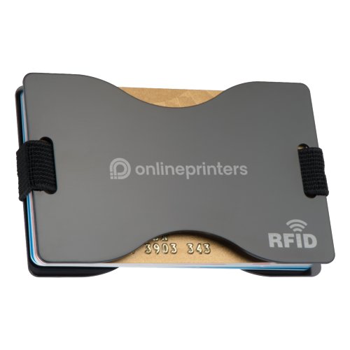 Soporte para tarjetas de metal gris con proteccin RFID y banda elstica.
