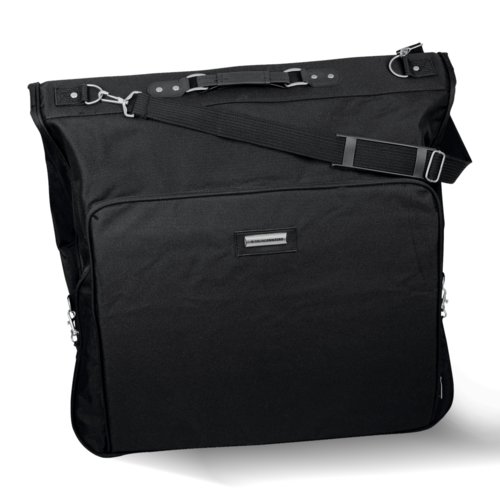Funda de ropa negra con asa de transporte y correa para el hombro.
