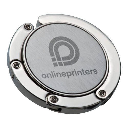 Soporte de bolso de metal plateado con base antideslizante.