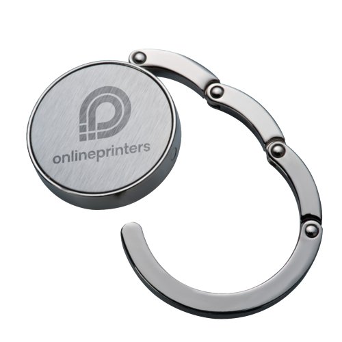Soporte de bolso de metal gris con mecanismo plegable.