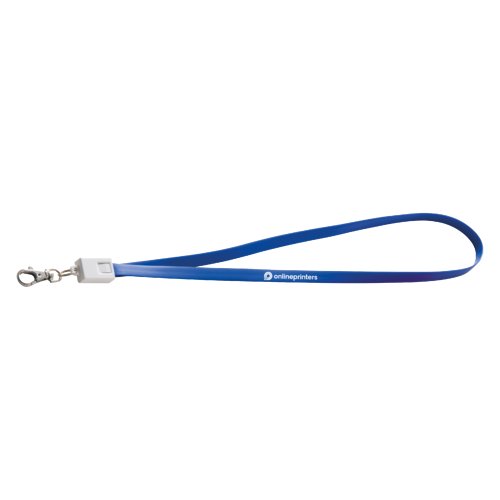 Lanyard azul de polister con cable de carga universal y gancho.