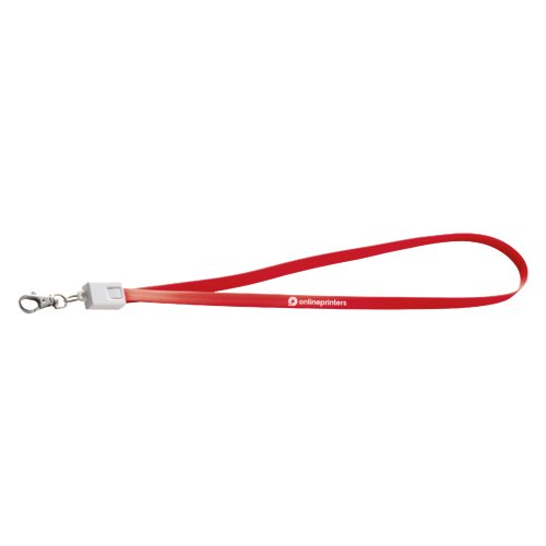 Lanyard rojo de polister con mosquetn y cable de carga universal integrado.