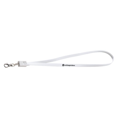 Lanyard blanco de polister con mosquetn y cable de carga universal.