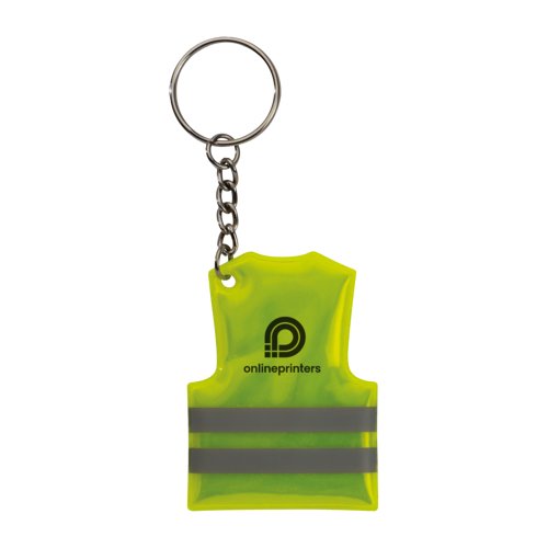 Llavero de plstico amarillo con diseo de chaleco de seguridad con anilla de metal.