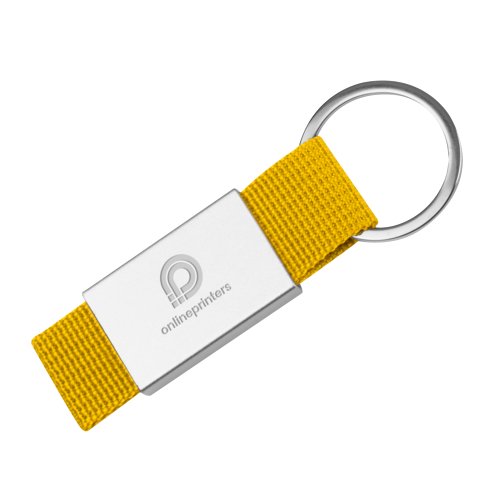 Llavero textil amarillo con aro metlico.