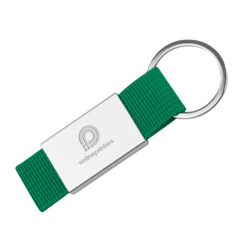 Llavero de tela verde con aro metlico.