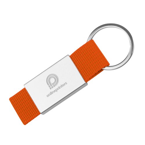 Llavero de tela naranja con aro metlico.