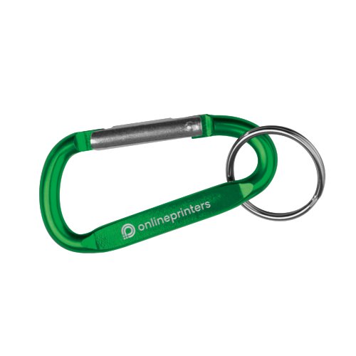 Llavero mosquetn de metal verde con anilla.