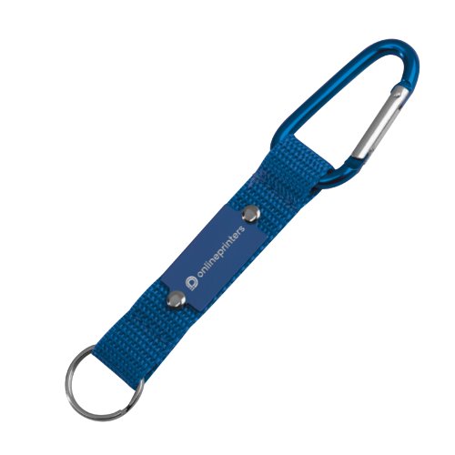 Llavero textil azul con mosquetn y anilla.