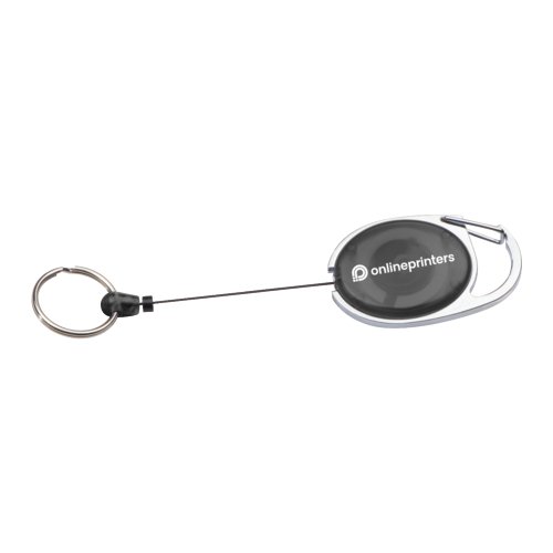 Soporte para tarjeta de identificacin negro con mosquetn y cable retrctil.