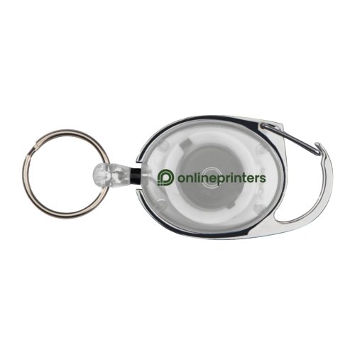 Mosquetn blanco con anillo y clip para fijacin variable.