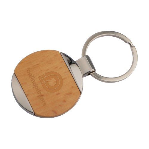 Llavero de madera y metal con anilla metlica.