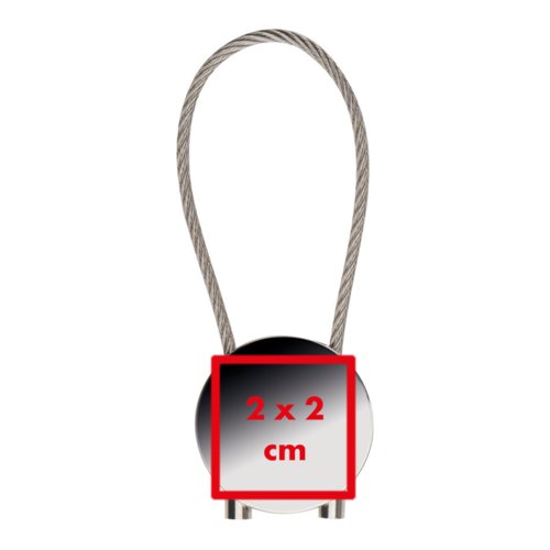 Llavero de metal con colgante redondo y cable metlico.