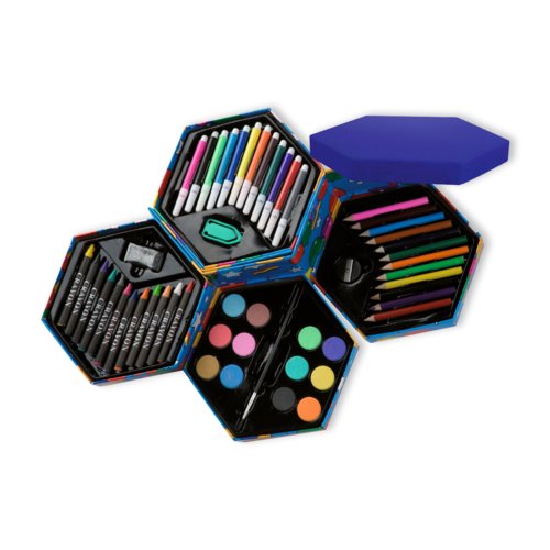 Set de arte con lpices, pinturas y accesorios en una caja.