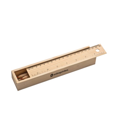 Juego de dibujo de madera marrn con regla y lpices.