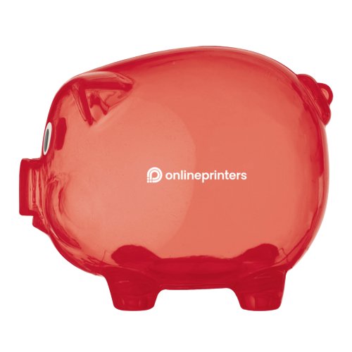Hucha de cerdito roja de plstico con ranura para monedas y cierre.