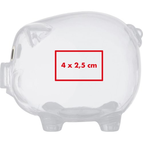 Hucha transparente de plstico con ranura para monedas.