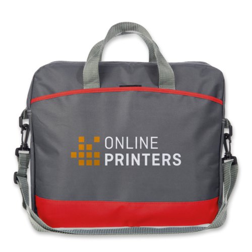 Bolsa roja sint�tica para port�til con asas y correa para el hombro.