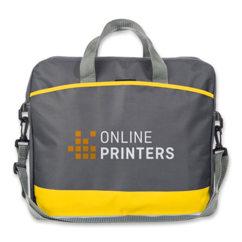 Bolsa amarilla de tela para port�til con asas y correa para el hombro.