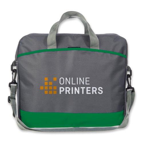 Bolsa verde de tela para port�til con asas y correa para el hombro.