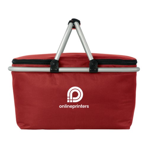 Cesta de compra roja con funcin de refrigeracin y asas de transporte.