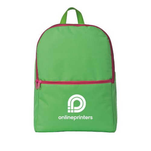 Mochila verde con cremallera y asa de transporte.