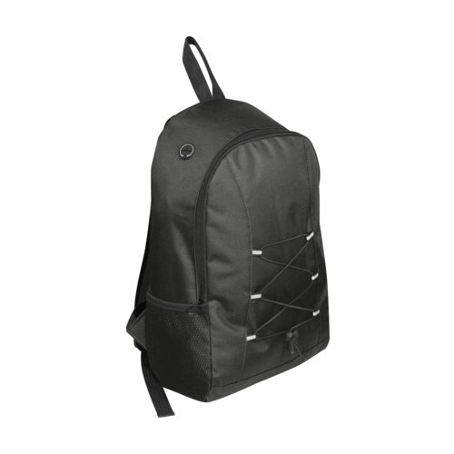 Mochila negra con cremalleras y bolsillo lateral.