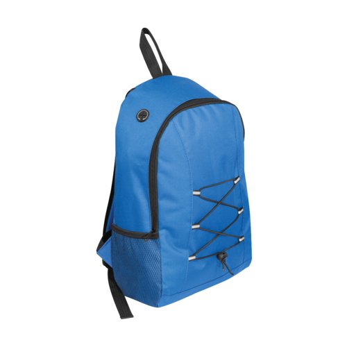 Mochila azul con correas ajustables y cordones elsticos.