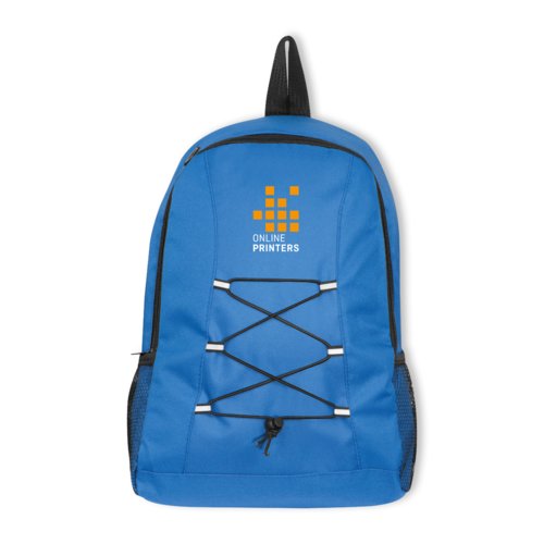 Mochila azul de tela con cierre de cordn y bolsillos laterales de malla.