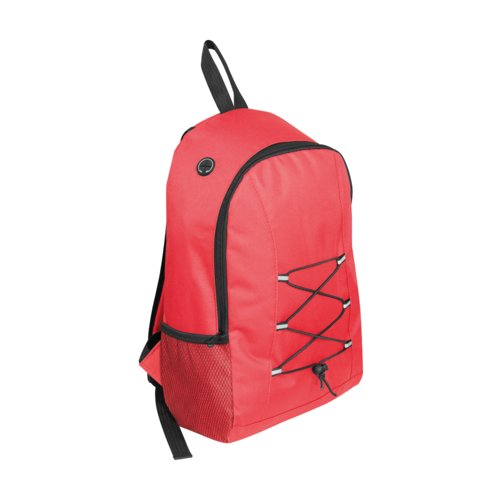 Mochila roja de tela con bolsillo lateral y cord�n.