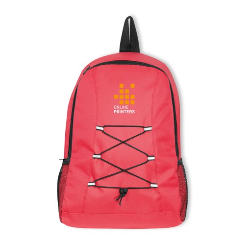Mochila roja con cierre de cordn y bolsillo exterior.