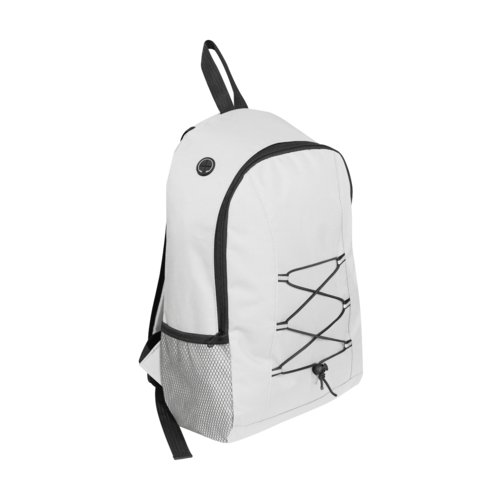 Mochila blanca con bolsillo lateral y cordn elstico.