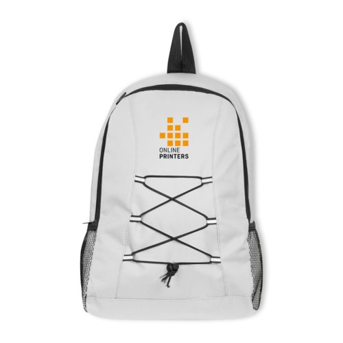 Mochila blanca de polister con cordn y bolsillos laterales de malla.
