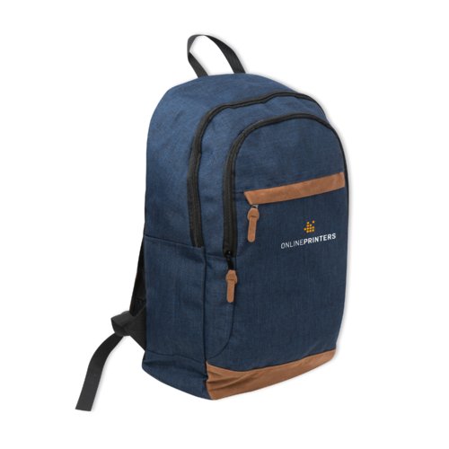 Mochila azul de tela con compartimentos con cremallera y correas ajustables.