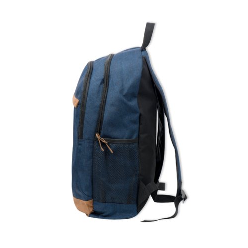 Mochila de tela azul oscuro con mltiples compartimentos.