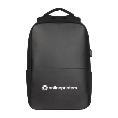 Mochila negra de polister con puerto USB.