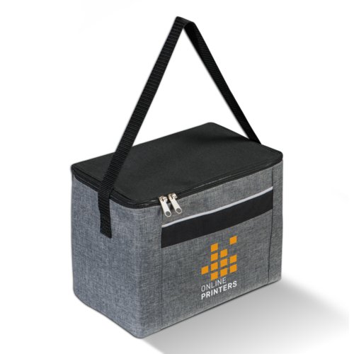 Bolsa nevera de tela antracita con cremallera y asa de transporte.