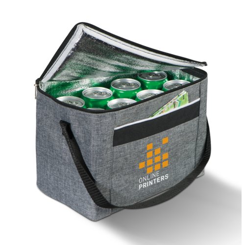 Bolsa nevera gris de polister con cremallera y asas de transporte.