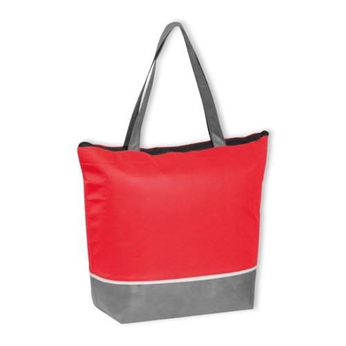 Bolsa nevera roja no tejida con cremallera y asas de transporte.