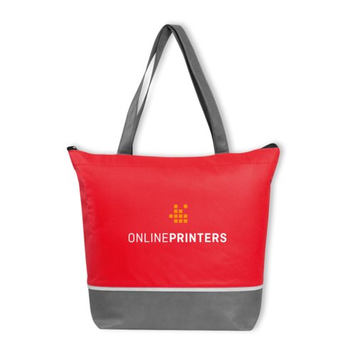 Bolsa nevera roja no tejida con cremallera y asas de transporte.