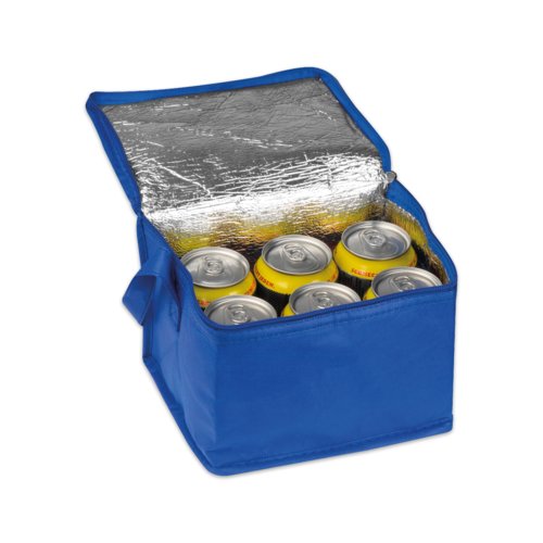 Bolsa nevera azul de tela no tejida con asas y cremallera.