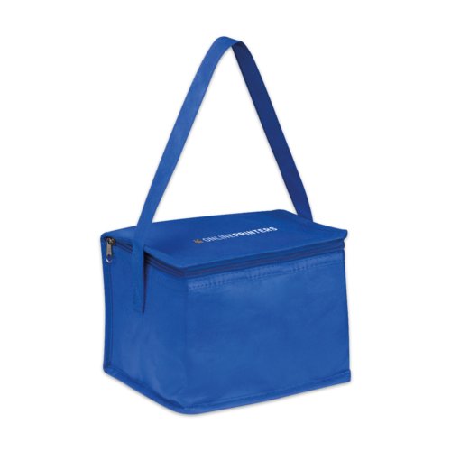Bolsa nevera azul no tejida con cremallera y asa de transporte.